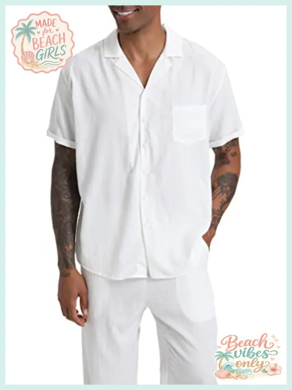 Men's Linen 2 Piece Outfit Set Short Sleeve Camp Shirt & Drawstring Pants